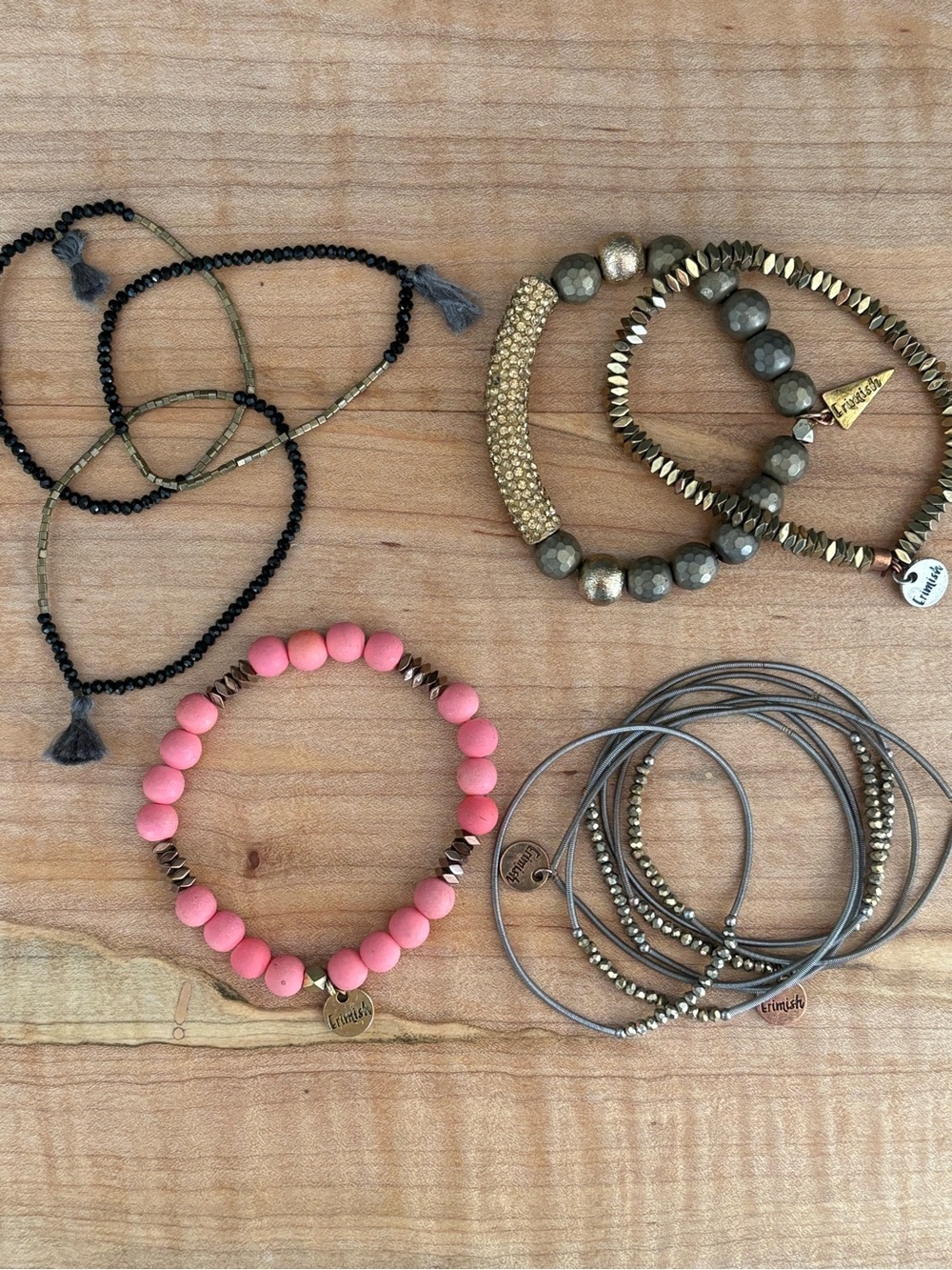 Set of 13 Erimish Stackable Stretch Bracelets gold black gray pink coral
